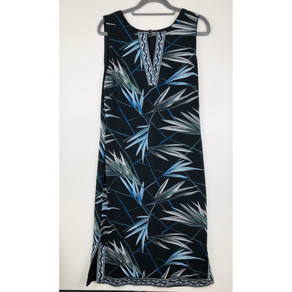 White House Black Market Bamboo Tropical Print V-Neck Sheath Dress Black Medium